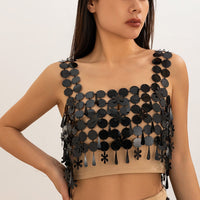 Thumbnail for Handmade White Black Mirror Sequins Tassel Party Tank Top