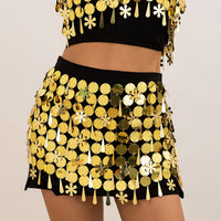 Thumbnail for Handmade White Black Sequins Tassel Patchwork Strappy Nightclub Party Mini Skirt - ArtGalleryZen