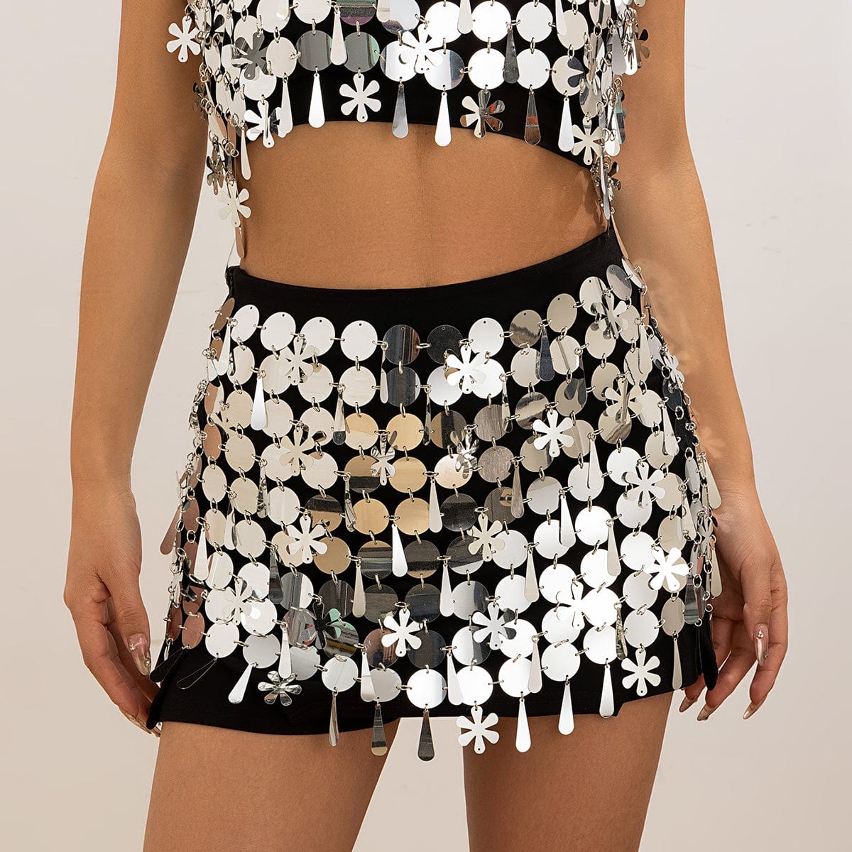 Handmade White Black Sequins Tassel Patchwork Strappy Nightclub Party Mini Skirt - ArtGalleryZen