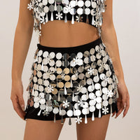 Thumbnail for Handmade White Black Sequins Tassel Patchwork Strappy Nightclub Party Mini Skirt - ArtGalleryZen