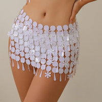 Thumbnail for Handmade White Black Sequins Tassel Patchwork Strappy Nightclub Party Mini Skirt