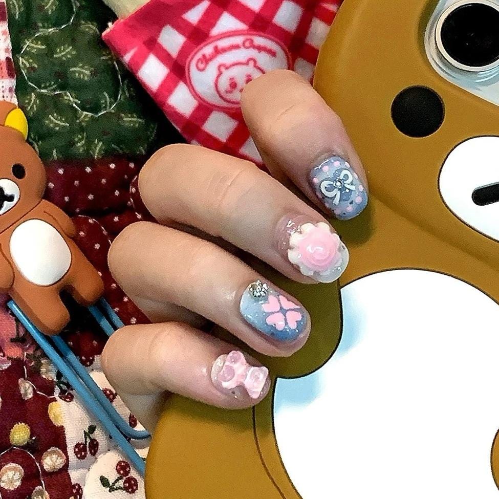 Handmade Y2K Doro Cat Clover 3D Press on Nails Short False Nail - ArtGalleryZen