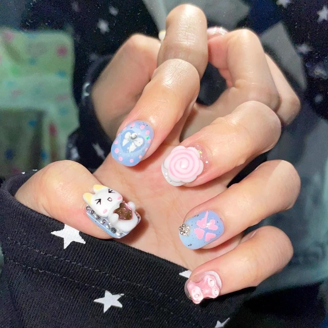 Handmade Y2K Doro Cat Clover 3D Press on Nails Short False Nail - ArtGalleryZen