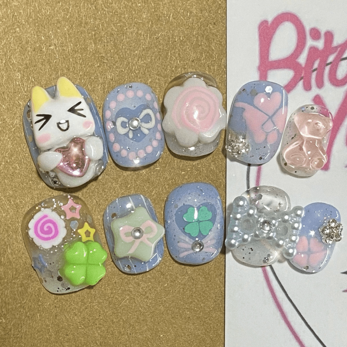 Handmade Y2K Doro Cat Clover 3D Press on Nails Short False Nail - ArtGalleryZen