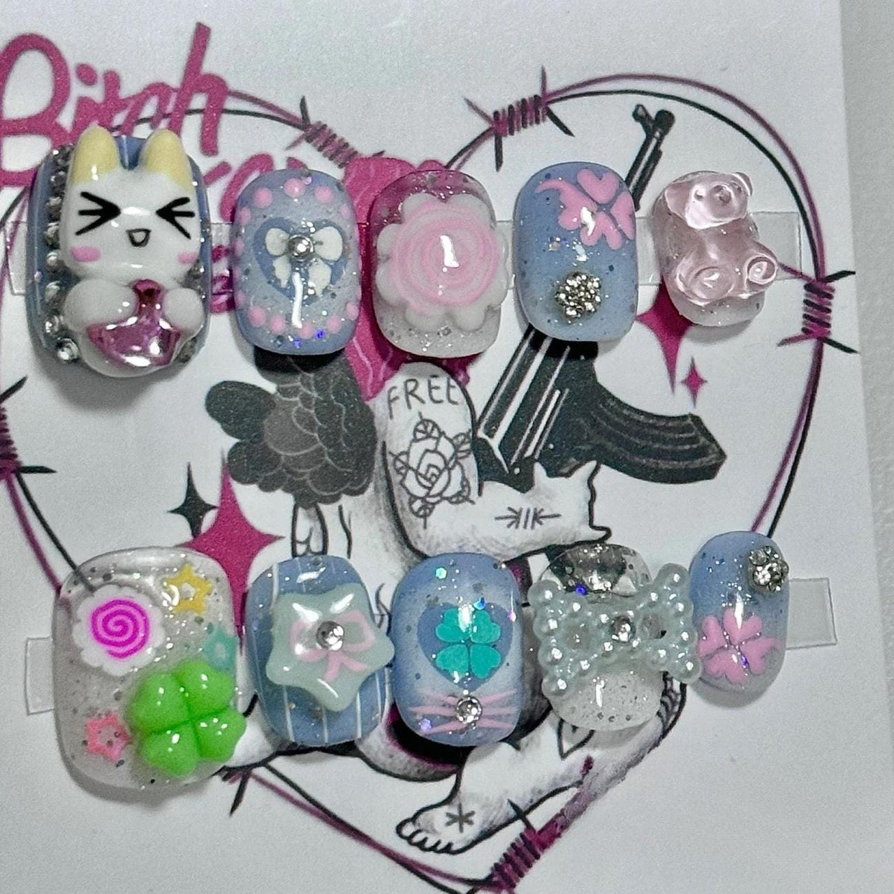 Handmade Y2K Doro Cat Clover 3D Press on Nails Short False Nail - ArtGalleryZen