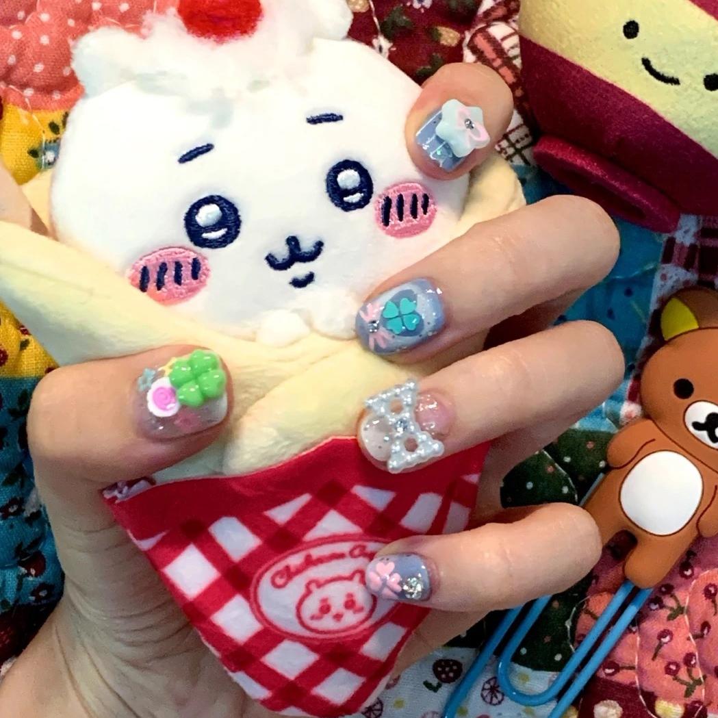 Handmade Y2K Doro Cat Clover 3D Press on Nails Short False Nail