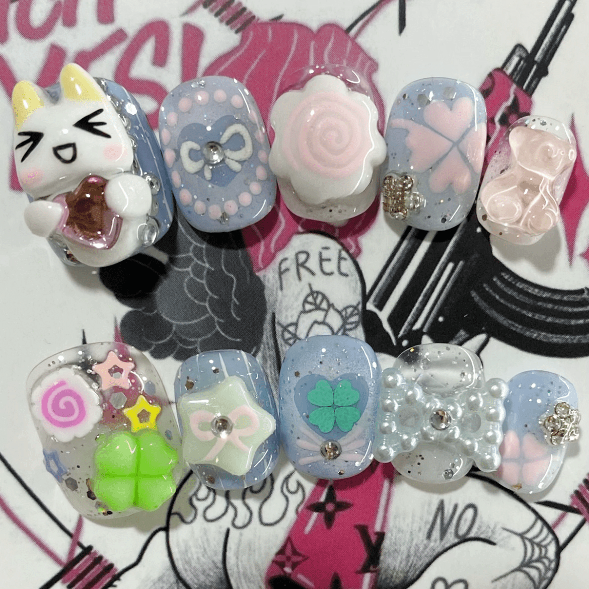 Handmade Y2K Doro Cat Clover 3D Press on Nails Short False Nail