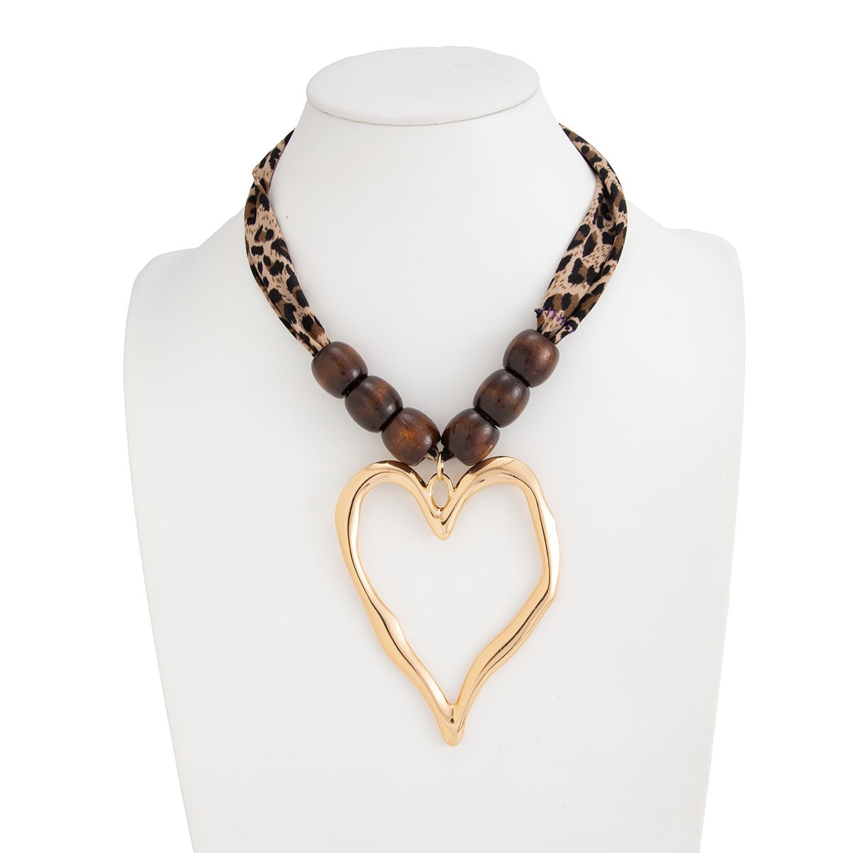 Heart Pendant Leopard Print Chiffon Wooden Beads Choker Necklace - ArtGalleryZen