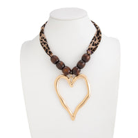 Thumbnail for Heart Pendant Leopard Print Chiffon Wooden Beads Choker Necklace - ArtGalleryZen