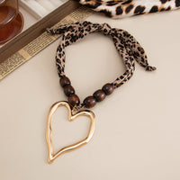 Thumbnail for Heart Pendant Leopard Print Chiffon Wooden Beads Choker Necklace - ArtGalleryZen