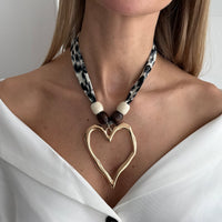 Thumbnail for Heart Pendant Wooden Beads Leopard Print Chiffon Choker Necklace - ArtGalleryZen