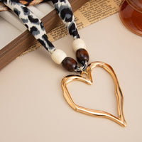 Thumbnail for Heart Pendant Wooden Beads Leopard Print Chiffon Choker Necklace - ArtGalleryZen