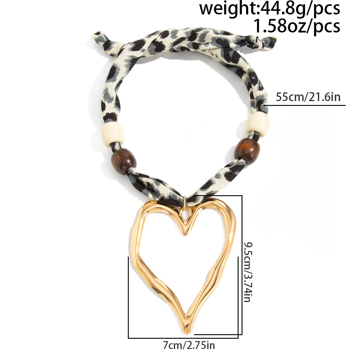 Heart Pendant Wooden Beads Leopard Print Chiffon Choker Necklace - ArtGalleryZen