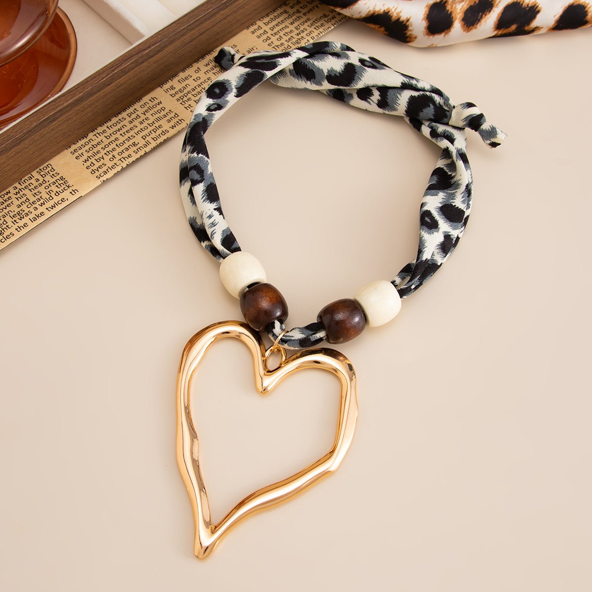 Heart Pendant Wooden Beads Leopard Print Chiffon Choker Necklace - ArtGalleryZen