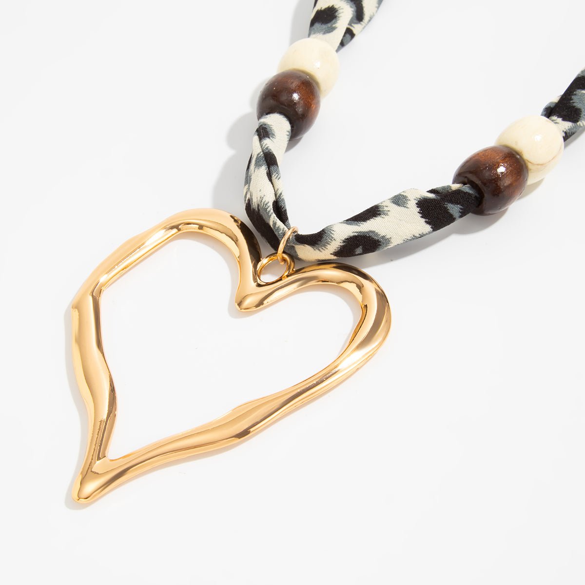 Heart Pendant Wooden Beads Leopard Print Chiffon Choker Necklace - ArtGalleryZen