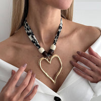 Thumbnail for Heart Pendant Wooden Beads Leopard Print Chiffon Choker Necklace - ArtGalleryZen