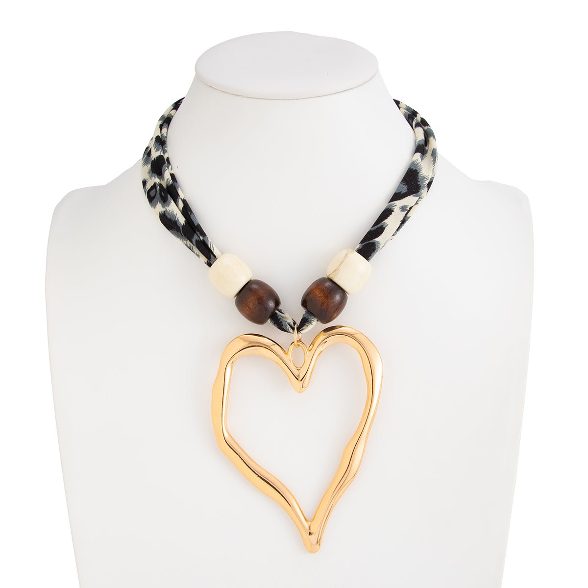 Heart Pendant Wooden Beads Leopard Print Chiffon Choker Necklace - ArtGalleryZen