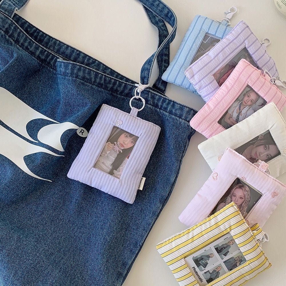 Heart Stripe Fabric Photocard Holder Keychain Kpop Card Display Bag - ArtGalleryZen