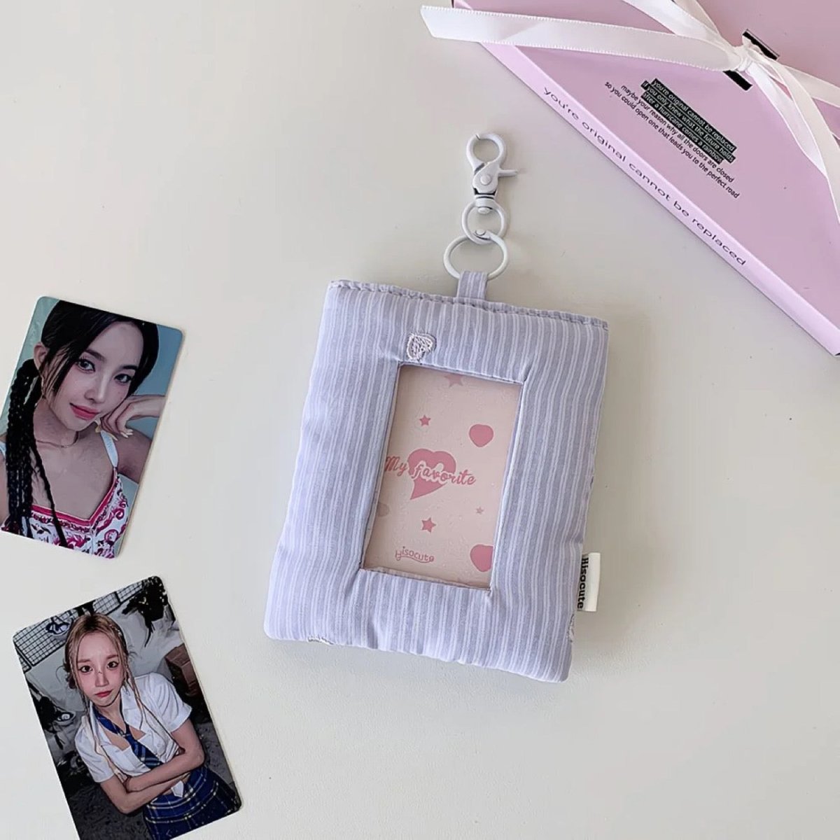 Heart Stripe Fabric Photocard Holder Keychain Kpop Card Display Bag - ArtGalleryZen