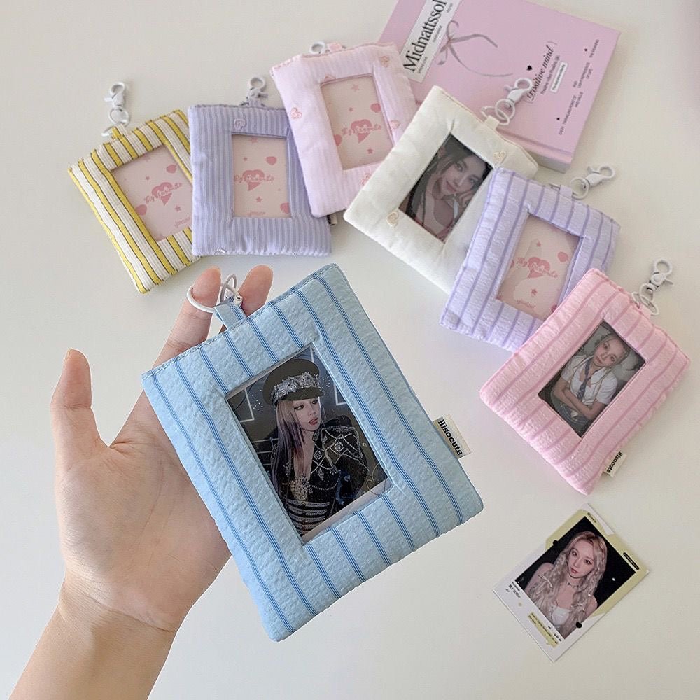Heart Stripe Fabric Photocard Holder Keychain Kpop Card Display Bag - ArtGalleryZen