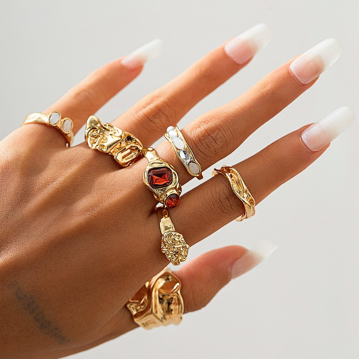 Hip Hop 7pcs Crystal Inlaid Pleated Open Ring Set - ArtGalleryZen