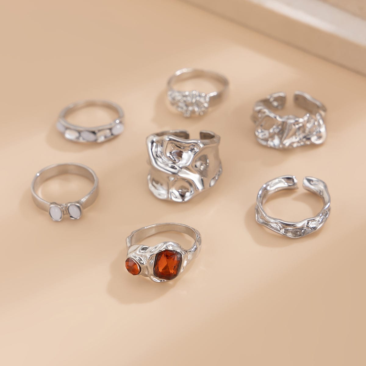 Hip Hop 7pcs Crystal Inlaid Pleated Open Ring Set - ArtGalleryZen