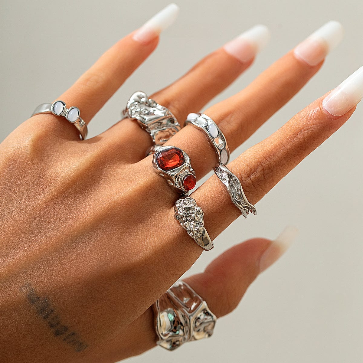 Hip Hop 7pcs Crystal Inlaid Pleated Open Ring Set