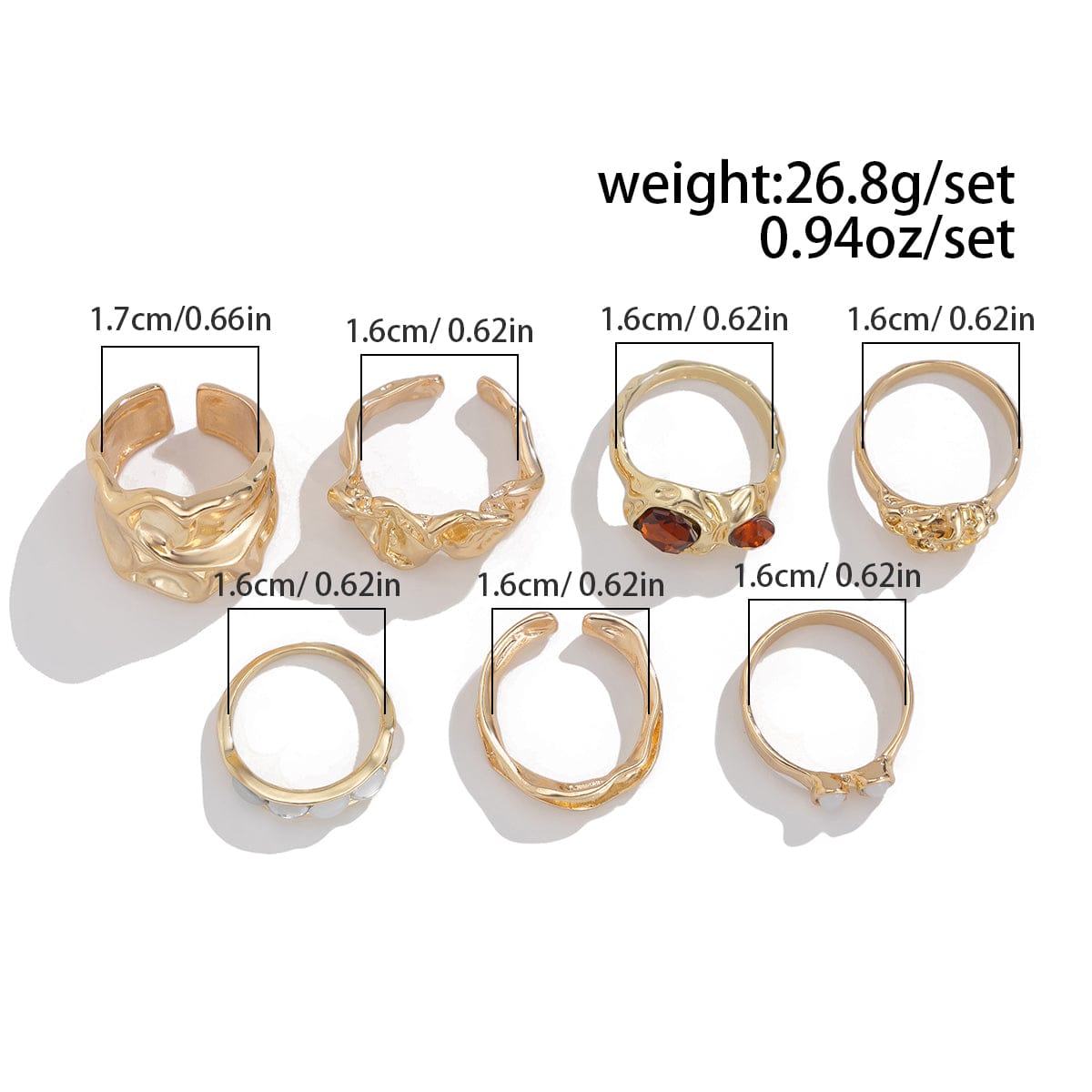 Hip Hop 7pcs Crystal Inlaid Pleated Open Ring Set