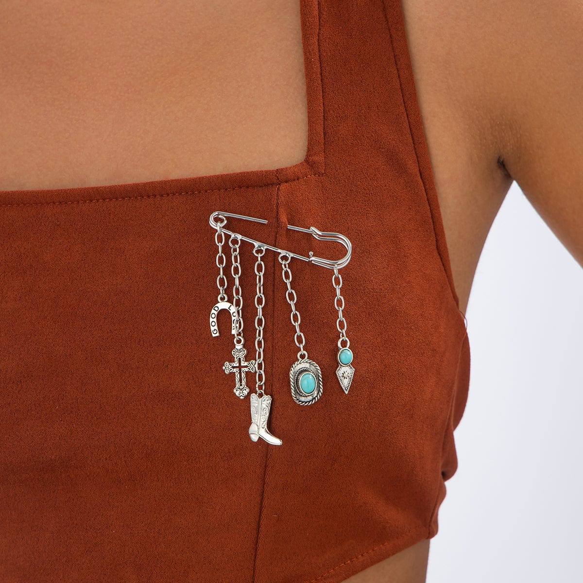 Hip Hop Turquoise Cowboy Hat Boot Cross Tassel Trouser Pin - ArtGalleryZen