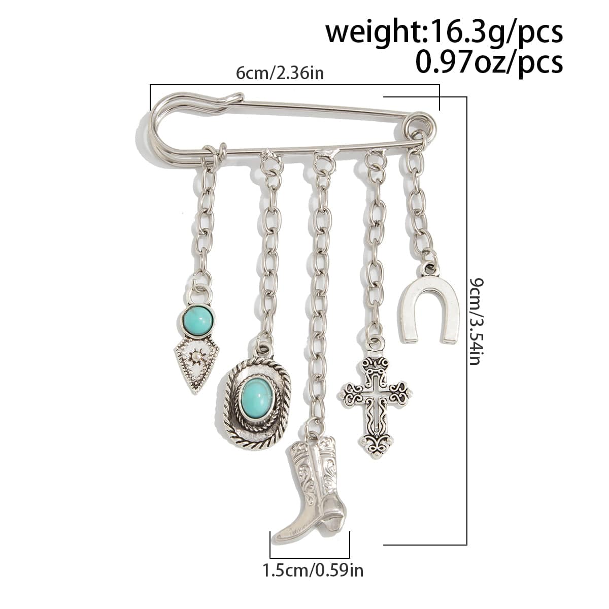 Hip Hop Turquoise Cowboy Hat Boot Cross Tassel Trouser Pin - ArtGalleryZen