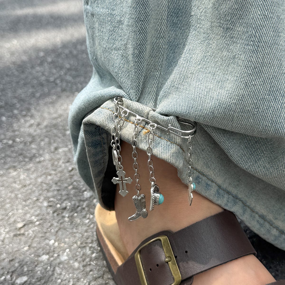 Hip Hop Turquoise Cowboy Hat Boot Cross Tassel Trouser Pin - ArtGalleryZen