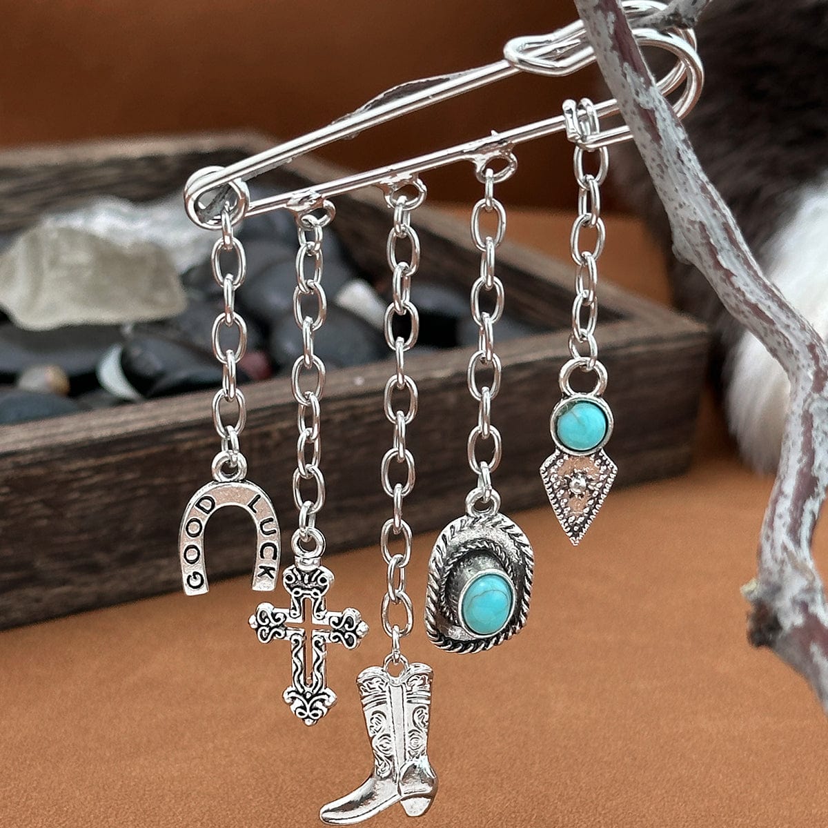 Hip Hop Turquoise Cowboy Hat Boot Cross Tassel Trouser Pin - ArtGalleryZen