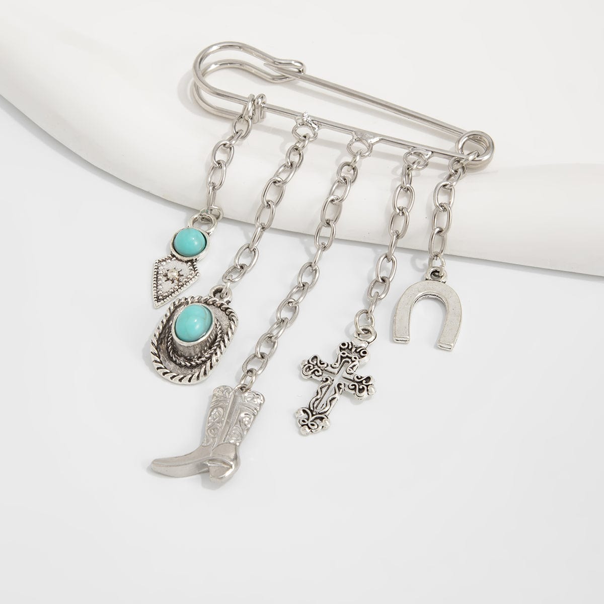 Hip Hop Turquoise Cowboy Hat Boot Cross Tassel Trouser Pin - ArtGalleryZen