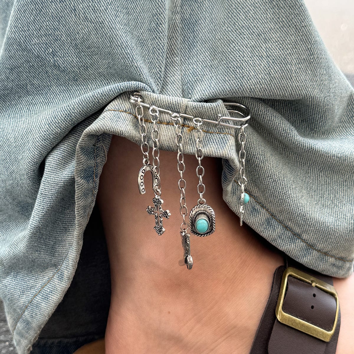 Hip Hop Turquoise Cowboy Hat Boot Cross Tassel Trouser Pin - ArtGalleryZen
