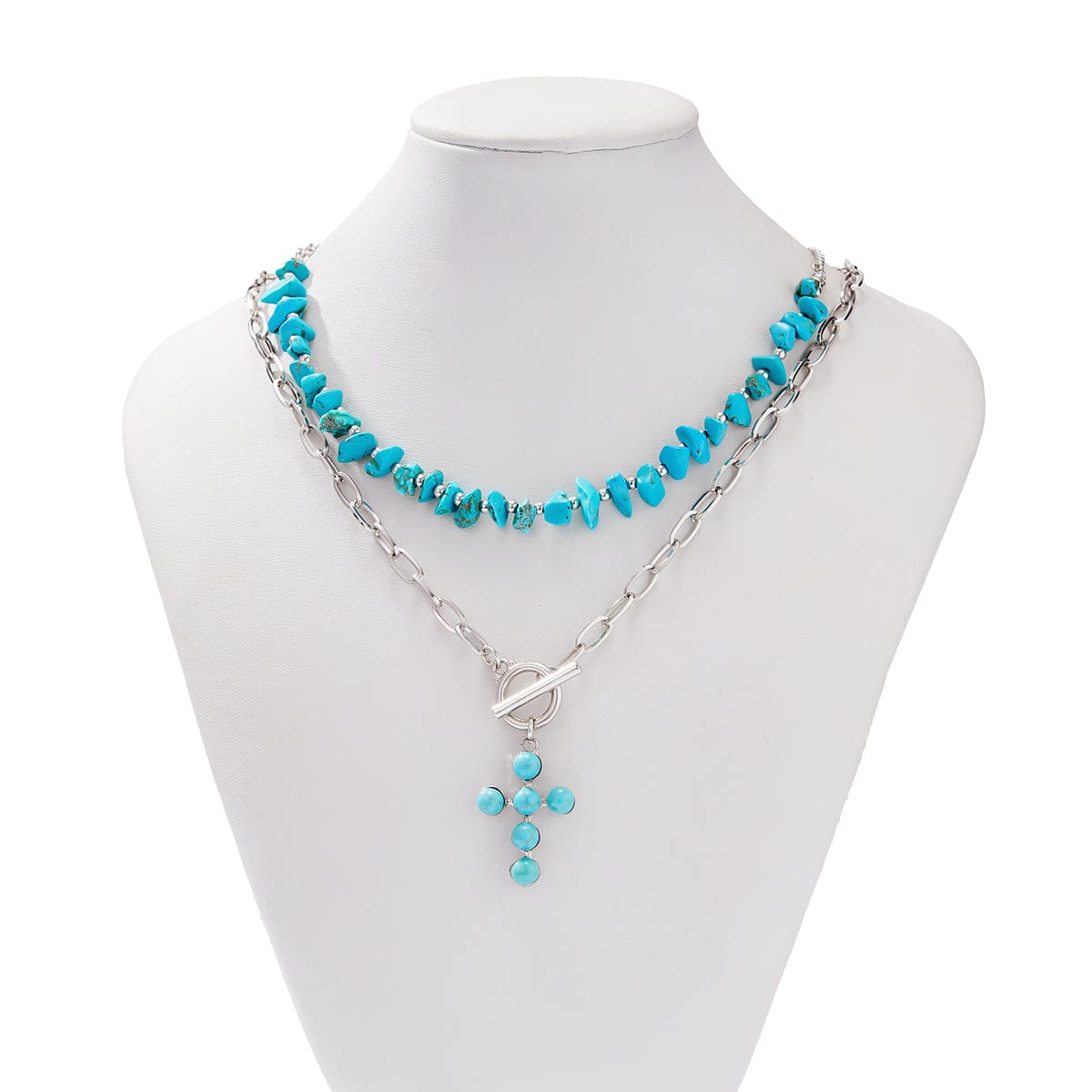 Hippie 2pcs Toggle Clasp Cross Pendant Turquoise Chain Necklace Set - ArtGalleryZen