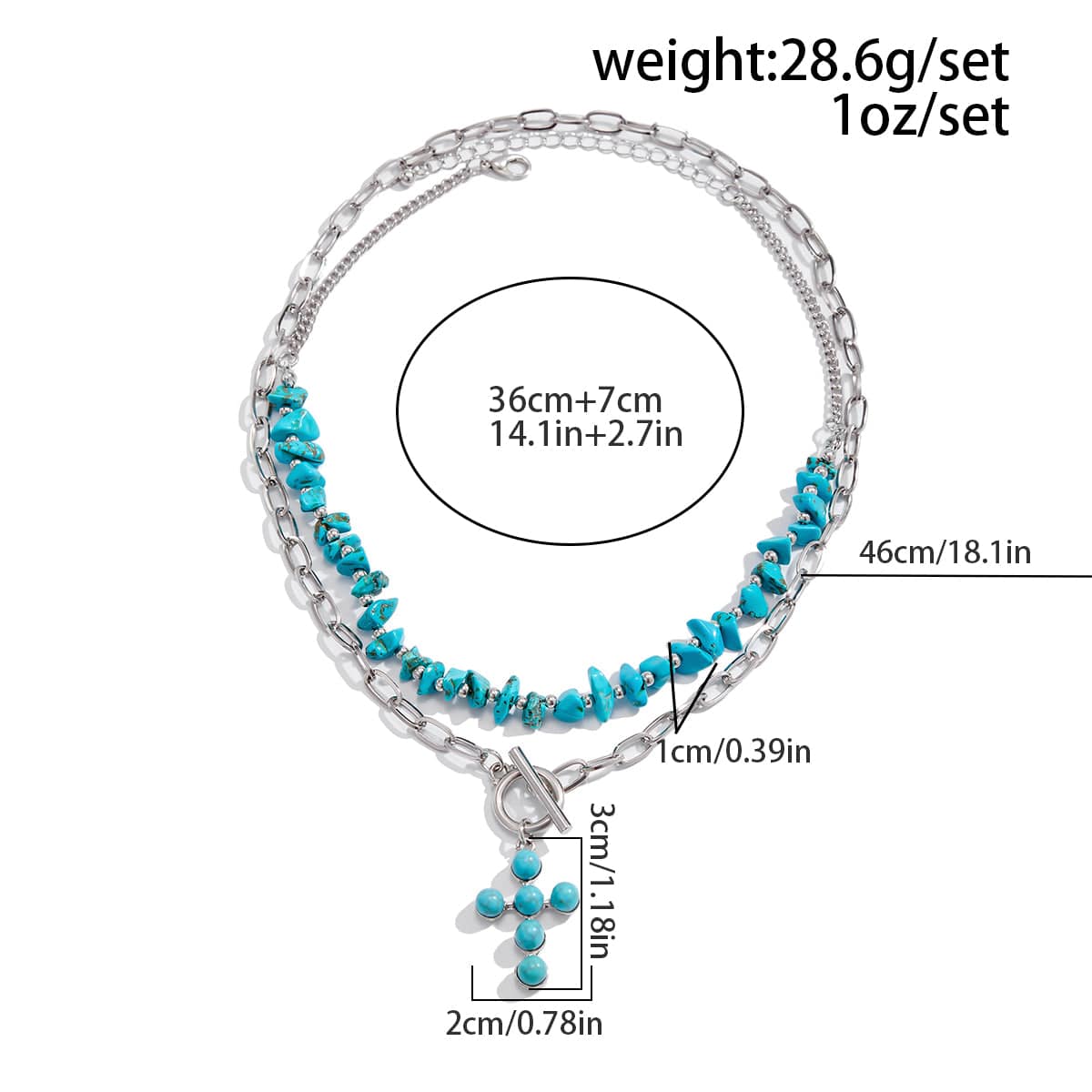 Hippie 2pcs Toggle Clasp Cross Pendant Turquoise Chain Necklace Set - ArtGalleryZen