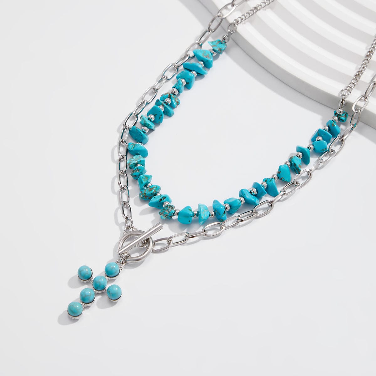 Hippie 2pcs Toggle Clasp Cross Pendant Turquoise Chain Necklace Set - ArtGalleryZen