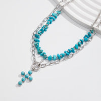 Thumbnail for Hippie 2pcs Toggle Clasp Cross Pendant Turquoise Chain Necklace Set - ArtGalleryZen