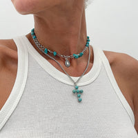 Thumbnail for Hippie 2pcs Turquoise Inlaid Cross Waterdrop Pendant Curb Chain Necklace Set - ArtGalleryZen