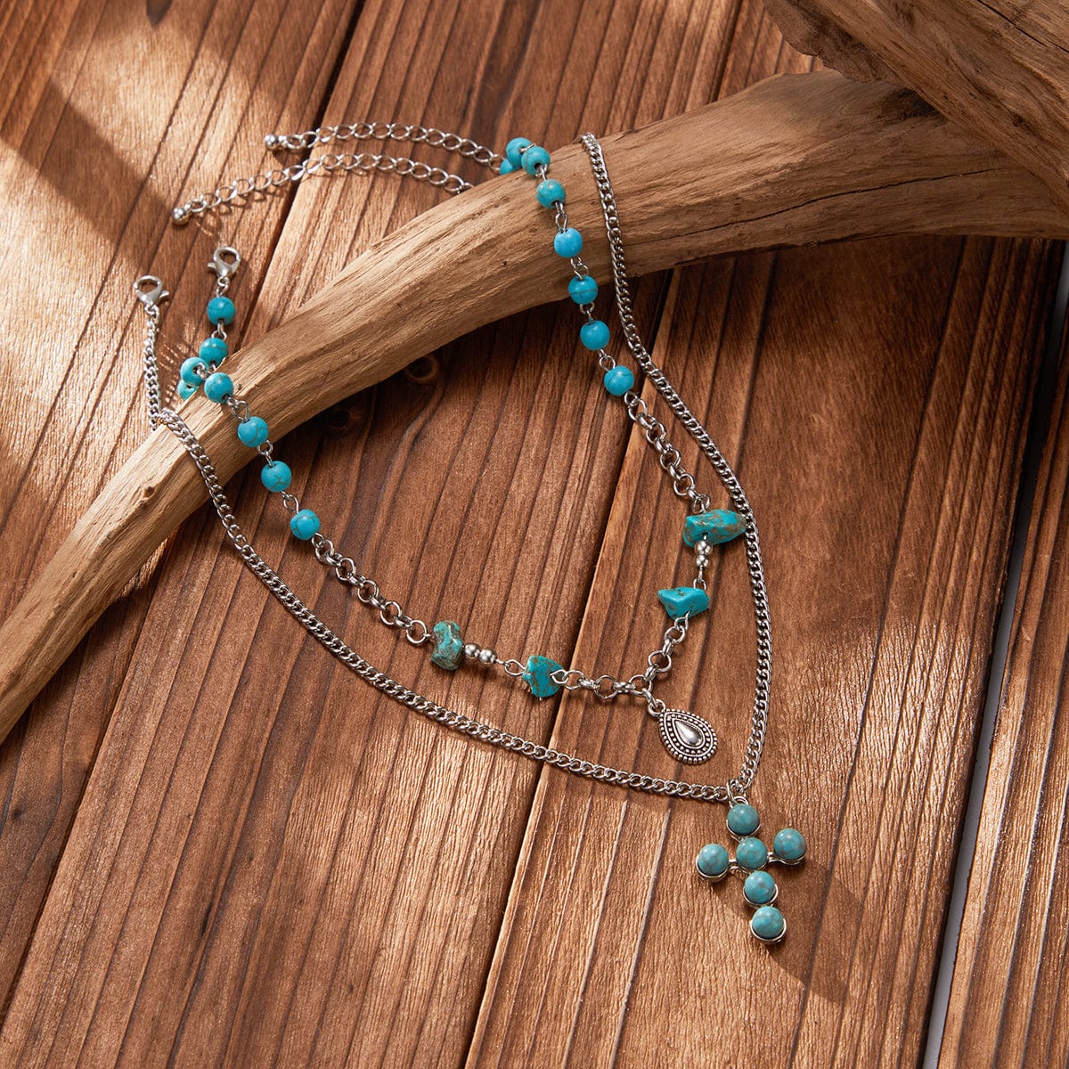 Hippie 2pcs Turquoise Inlaid Cross Waterdrop Pendant Curb Chain Necklace Set - ArtGalleryZen