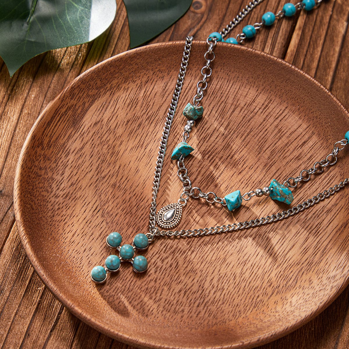 Hippie 2pcs Turquoise Inlaid Cross Waterdrop Pendant Curb Chain Necklace Set - ArtGalleryZen