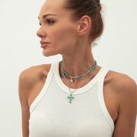 Thumbnail for Hippie 2pcs Turquoise Inlaid Cross Waterdrop Pendant Curb Chain Necklace Set - ArtGalleryZen