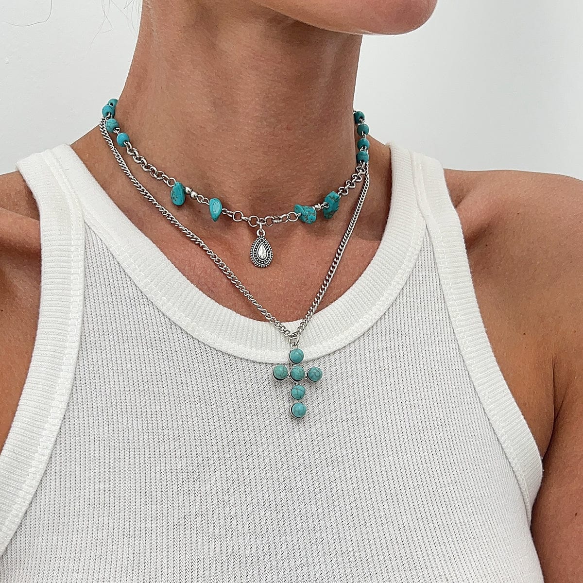 Hippie 2pcs Turquoise Inlaid Cross Waterdrop Pendant Curb Chain Necklace Set - ArtGalleryZen