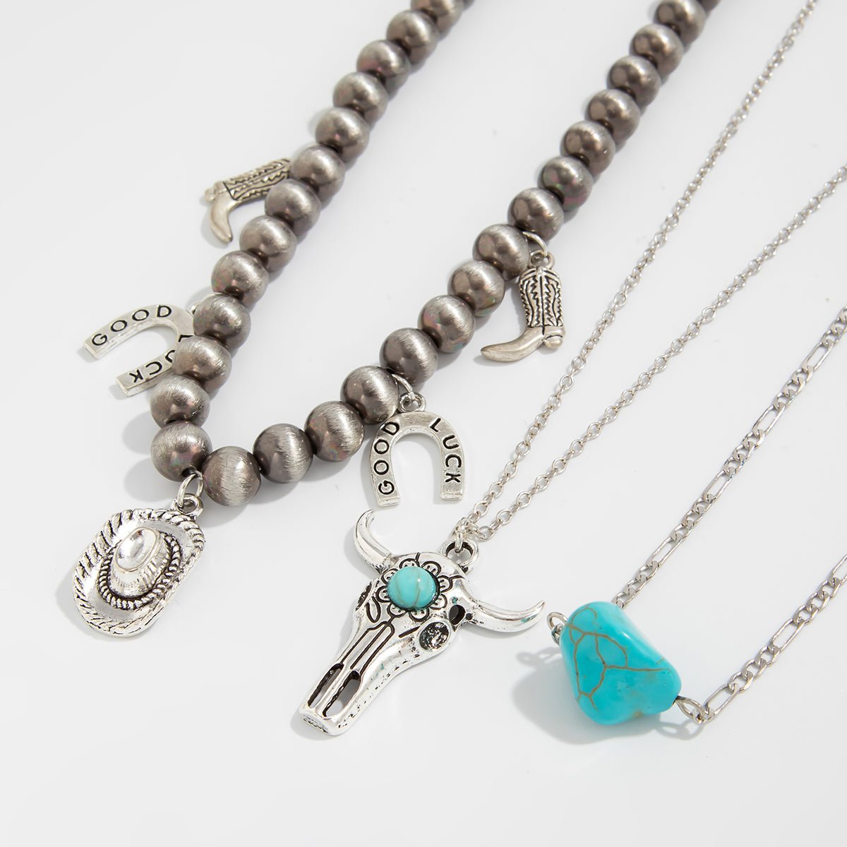 Hippie 3pcs Bull Cowboy Hat Turquoise Pendant Ball Chain Necklace Set - ArtGalleryZen