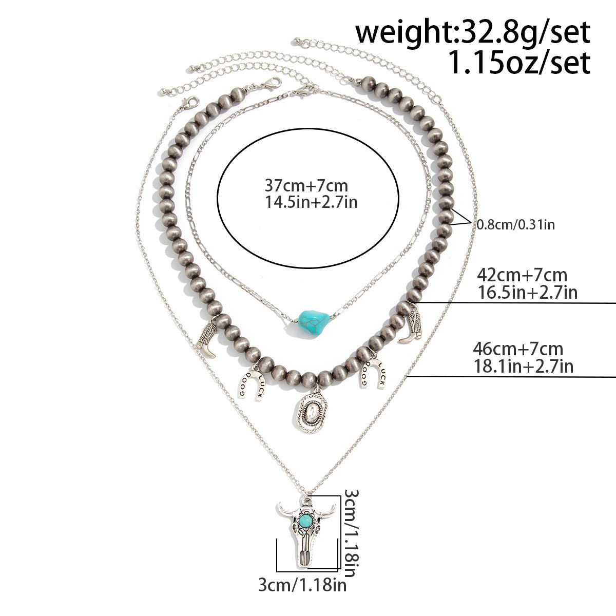 Hippie 3pcs Bull Cowboy Hat Turquoise Pendant Ball Chain Necklace Set - ArtGalleryZen