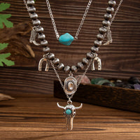 Thumbnail for Hippie 3pcs Bull Cowboy Hat Turquoise Pendant Ball Chain Necklace Set - ArtGalleryZen