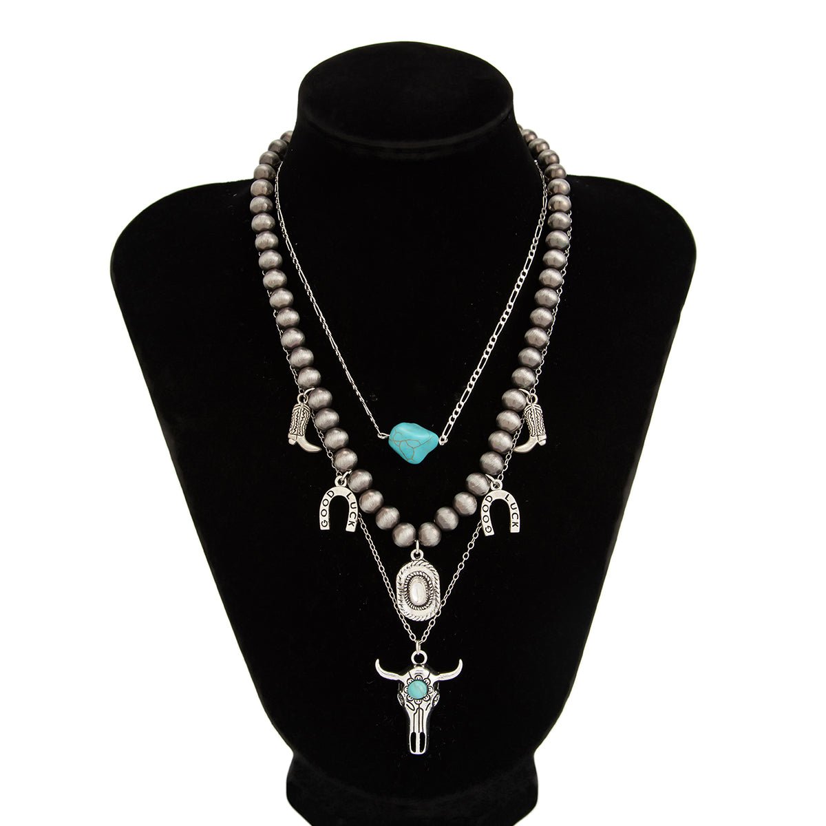 Hippie 3pcs Bull Cowboy Hat Turquoise Pendant Ball Chain Necklace Set - ArtGalleryZen