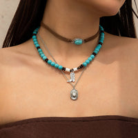 Thumbnail for Hippie 3Pcs Cowboy Hat Boots Pendant Turquoise Wood Bead Necklace Set - ArtGalleryZen