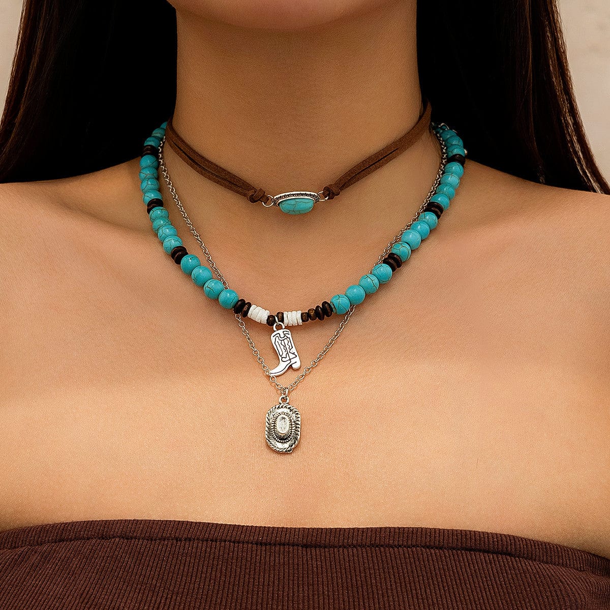 Hippie 3Pcs Cowboy Hat Boots Pendant Turquoise Wood Bead Necklace Set - ArtGalleryZen