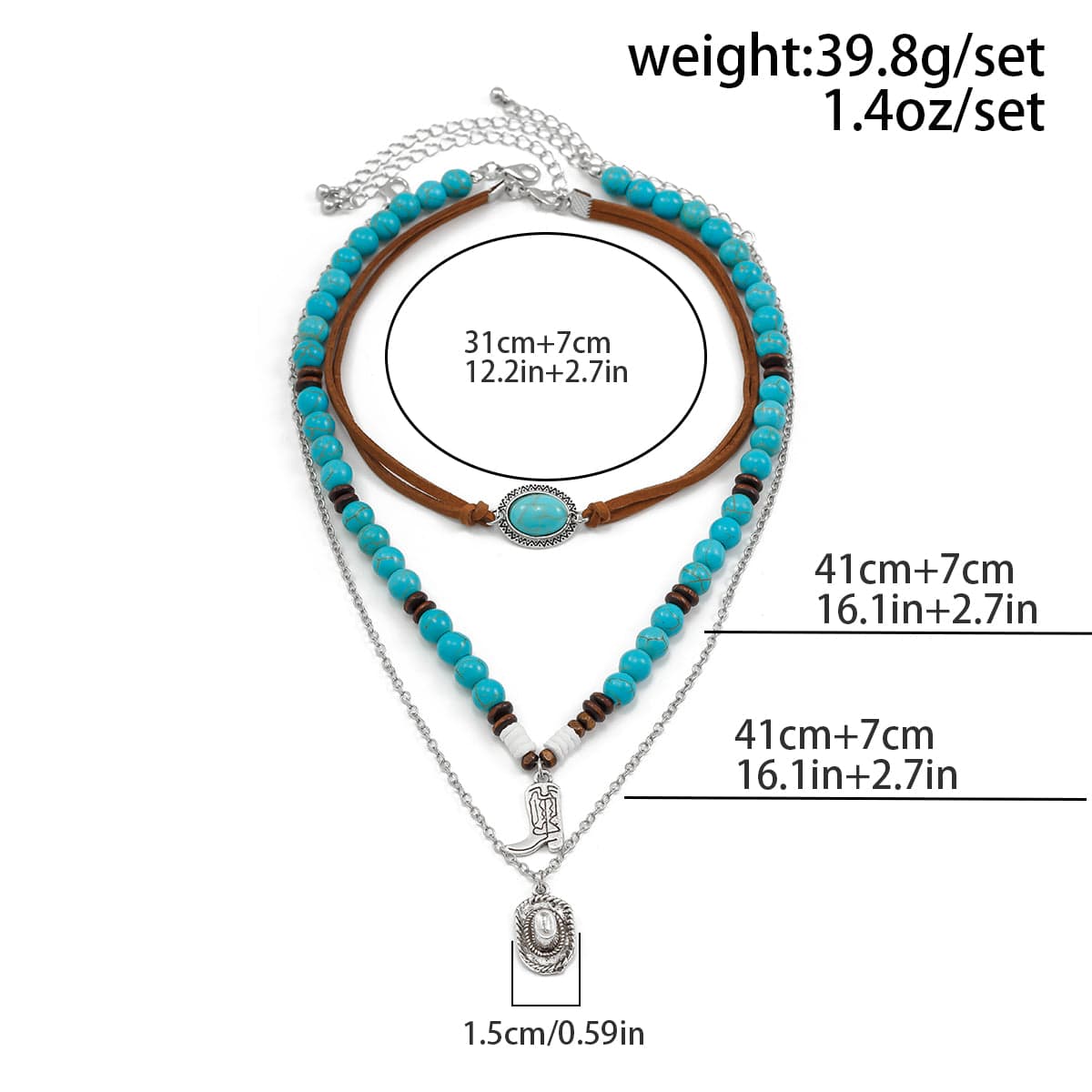 Hippie 3Pcs Cowboy Hat Boots Pendant Turquoise Wood Bead Necklace Set - ArtGalleryZen